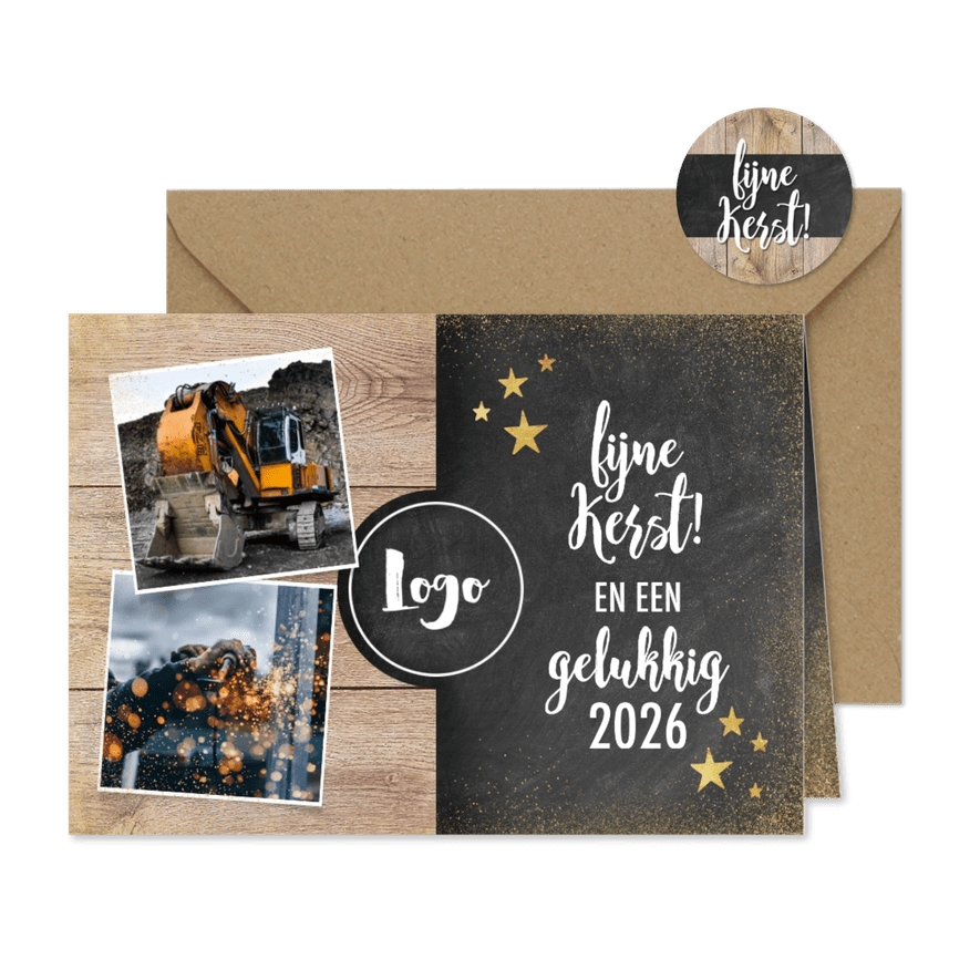 Zakelijke kerstkaart met hout, krijtbord, foto's en logo - Kaartimpressie