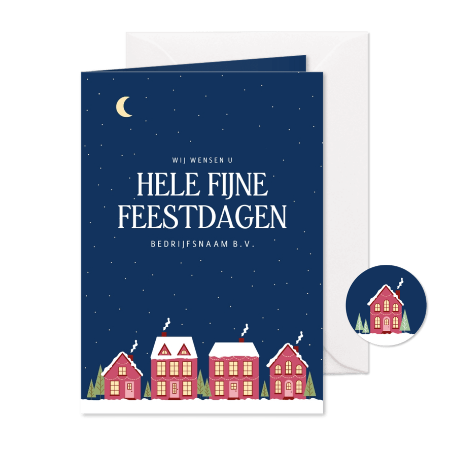 Zakelijke kerstkaart met huisjes en sterren donkerblauw - Kaartimpressie