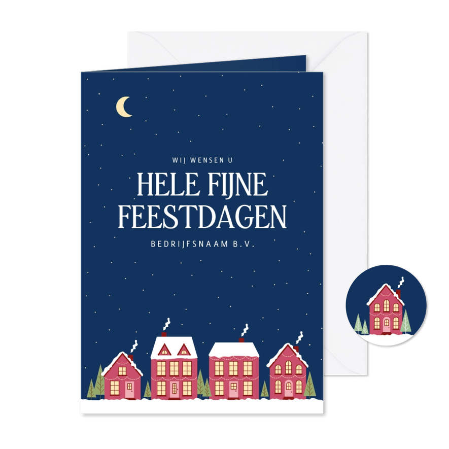 Zakelijke kerstkaart met huisjes en sterren donkerblauw - Kaartimpressie