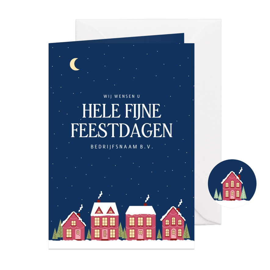 Zakelijke kerstkaart met huisjes en sterren donkerblauw - Kaartimpressie