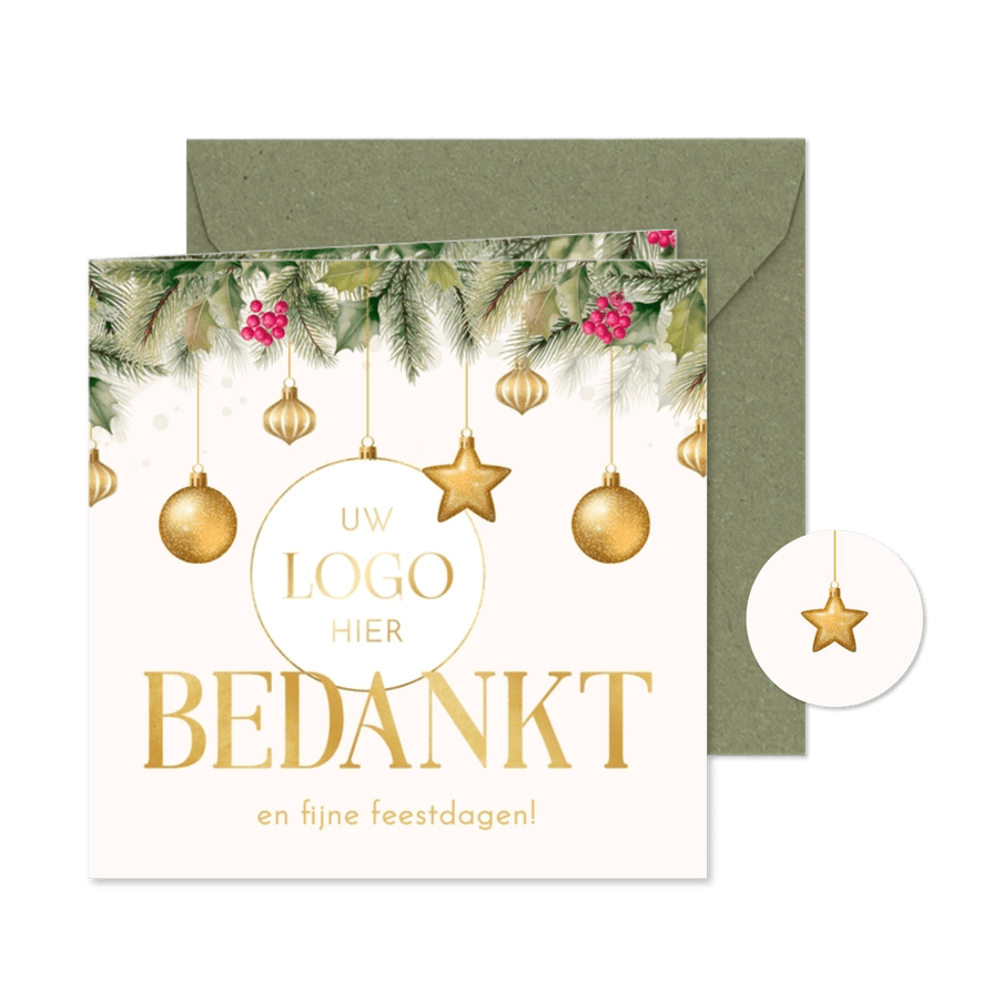 Zakelijke kerstkaart met hulst en kerstballen logo - Kaartimpressie