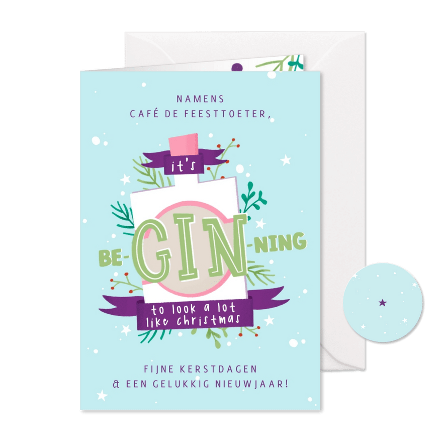 Zakelijke kerstkaart met illustratie gin en takjes - Kaartimpressie