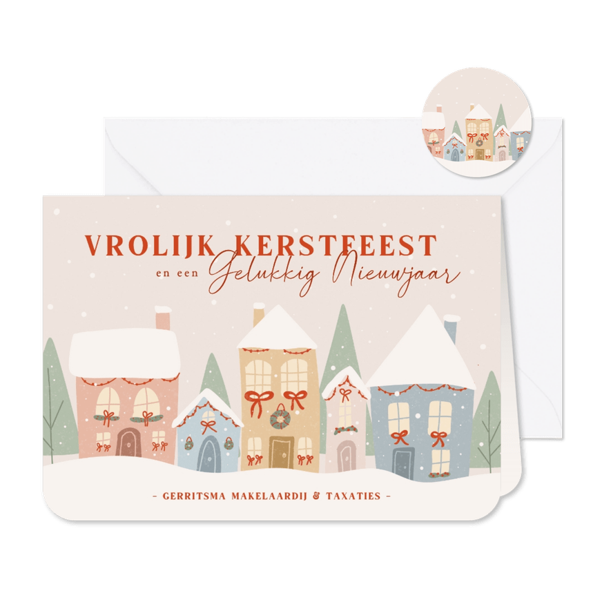 Zakelijke kerstkaart met illustratie van kersthuisjes - Kaartimpressie