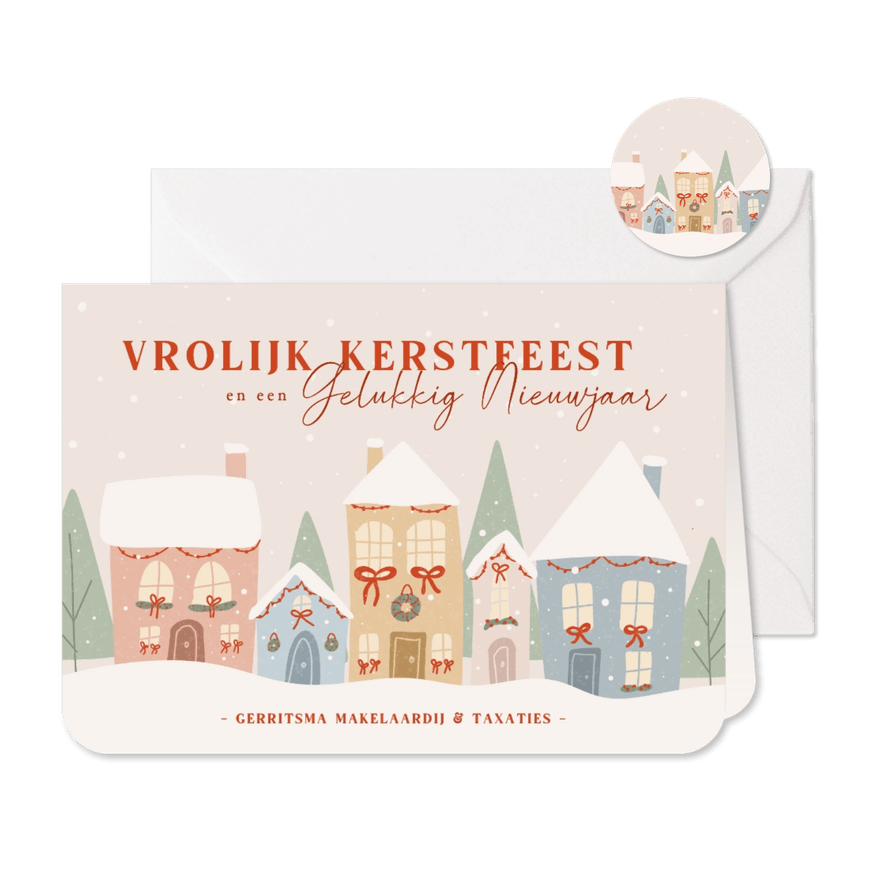 Zakelijke kerstkaart met illustratie van kersthuisjes - Kaartimpressie