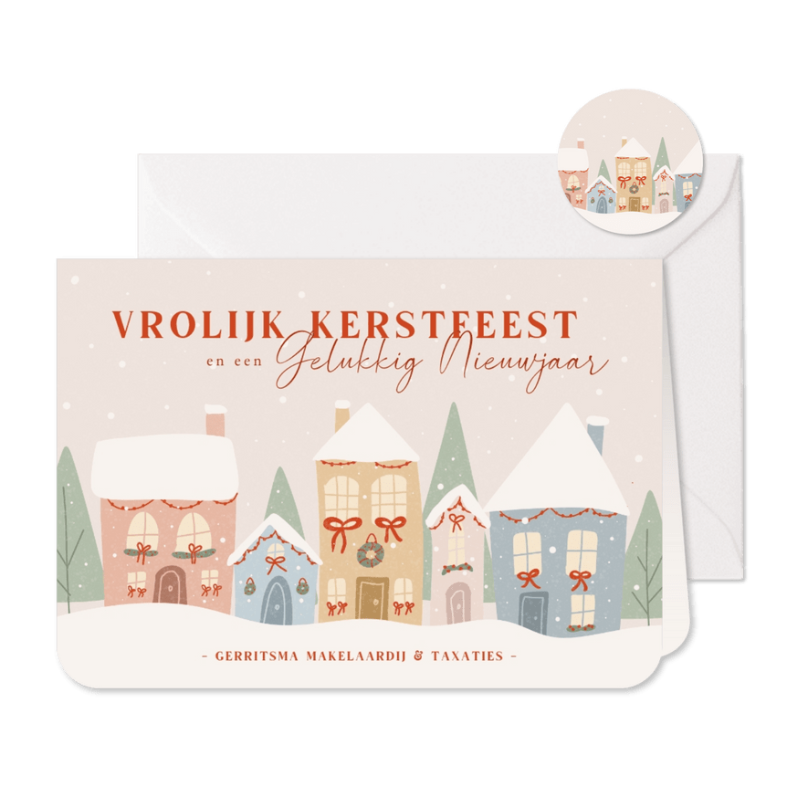 Zakelijke kerstkaart met illustratie van kersthuisjes  - Kaartimpressie