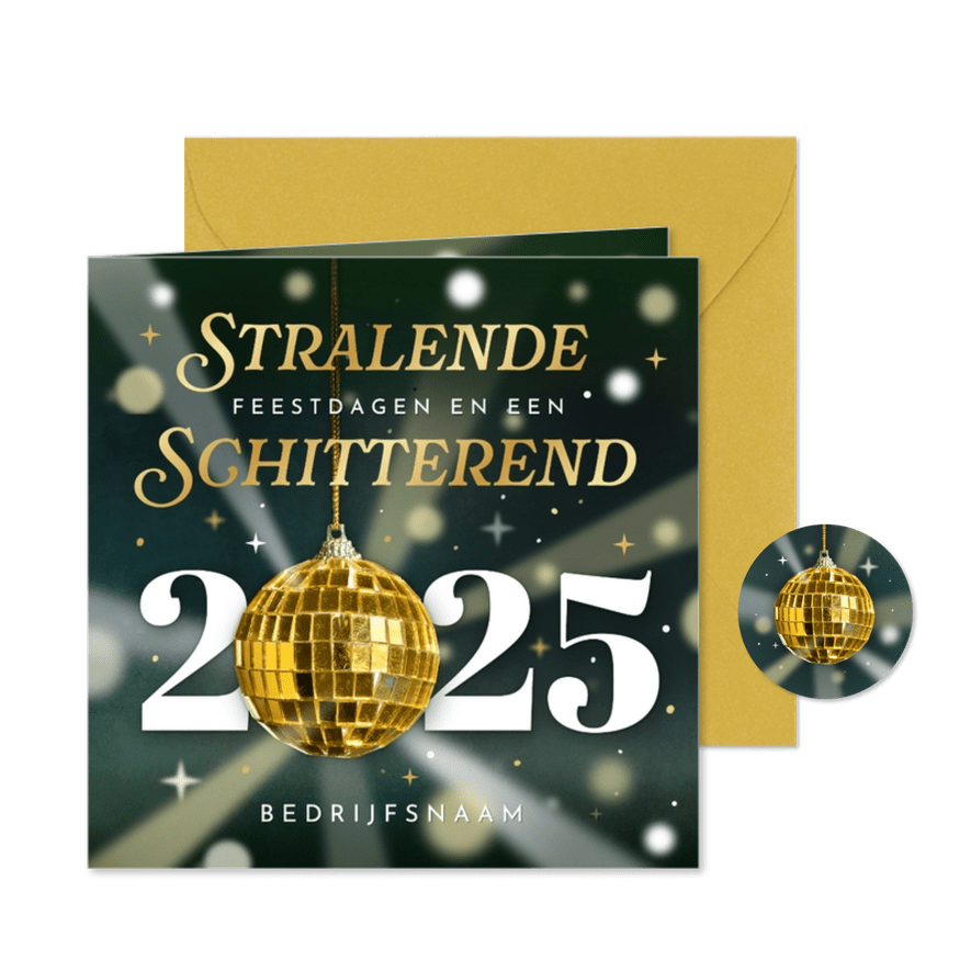 Zakelijke kerstkaart met jaartal en discobal - stralend 2025 - Kaartimpressie