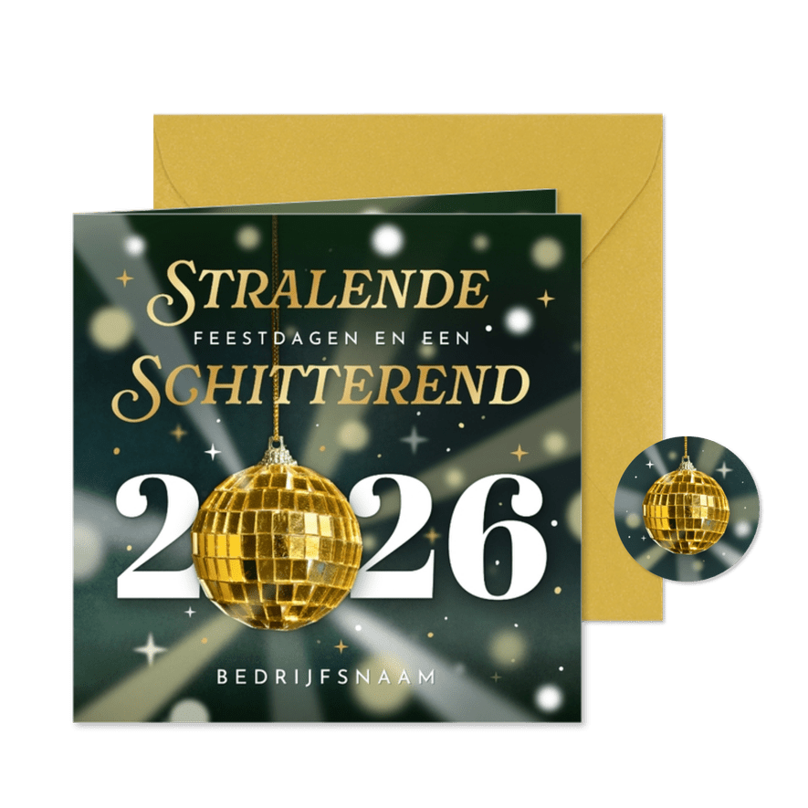 Zakelijke kerstkaart met jaartal en discobal - stralend 2026 - Kaartimpressie