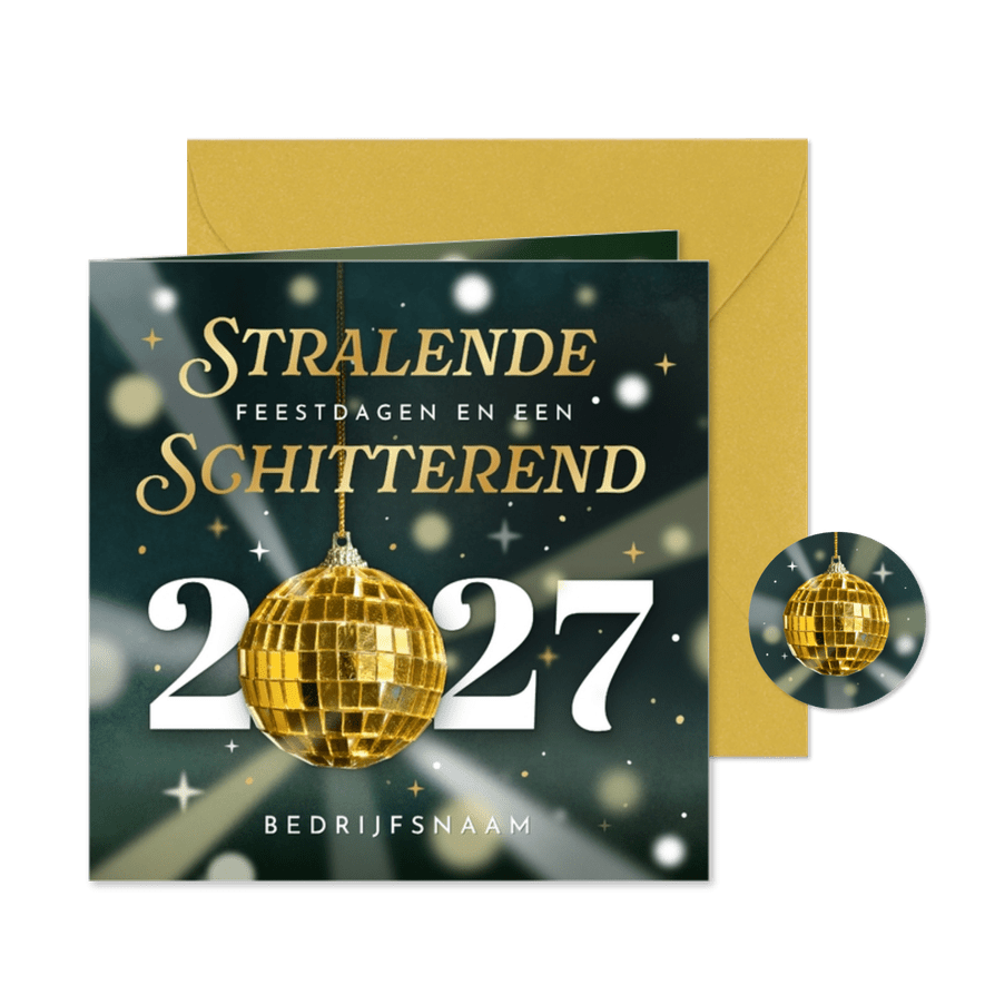 Zakelijke kerstkaart met jaartal en discobal - stralend 2027 - Kaartimpressie