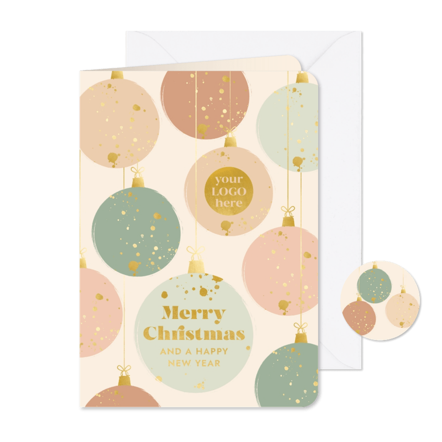 Zakelijke kerstkaart met kerstballen goudlook en eigen logo - Kaartimpressie