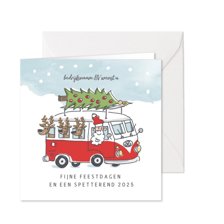 Zakelijke kerstkaart met kerstman en 3 rendieren in vwbusje - Kaartimpressie