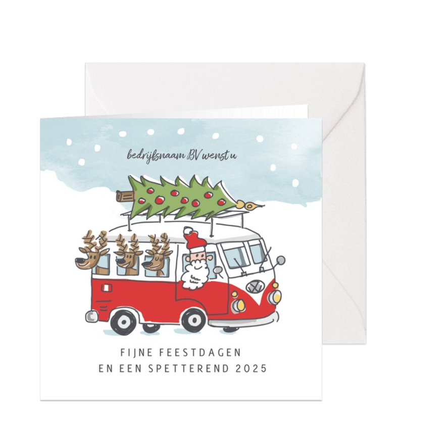 Zakelijke kerstkaart met kerstman en 3 rendieren in vwbusje - Kaartimpressie