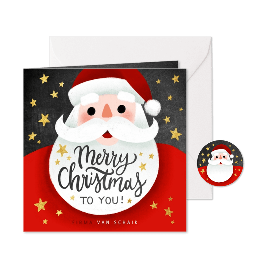 Zakelijke kerstkaart met kerstman, sterren & Merry Christmas - Kaartimpressie
