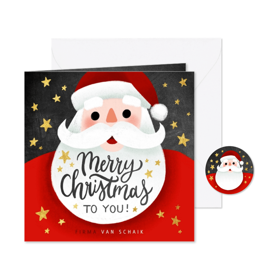 Zakelijke kerstkaart met kerstman, sterren & Merry Christmas - Kaartimpressie