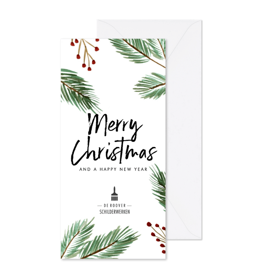 Zakelijke kerstkaart met kersttakken en rode besjes en logo - Kaartimpressie