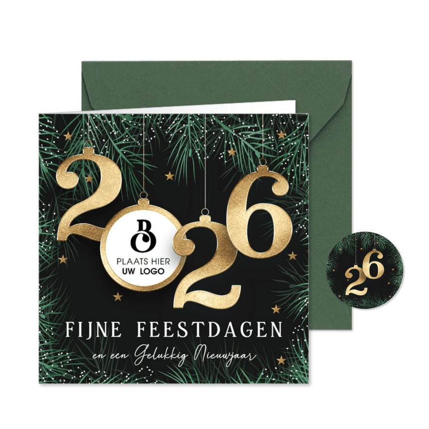 Zakelijke kerstkaart met logo en gouden 2026 - Kaartimpressie