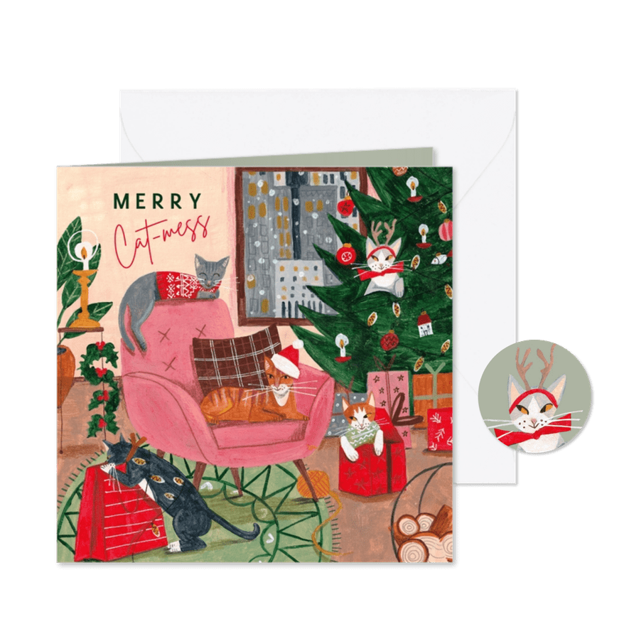 Zakelijke kerstkaart met poezen bij de kerstboom - Kaartimpressie