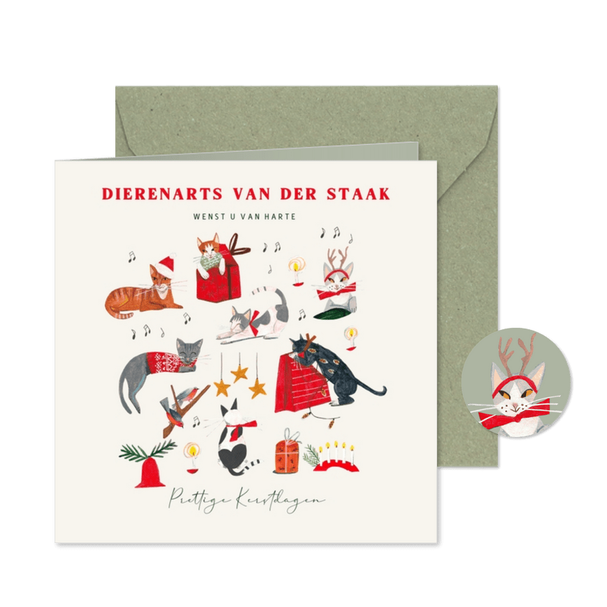 Zakelijke kerstkaart met poezen en kerst decoratie - Kaartimpressie