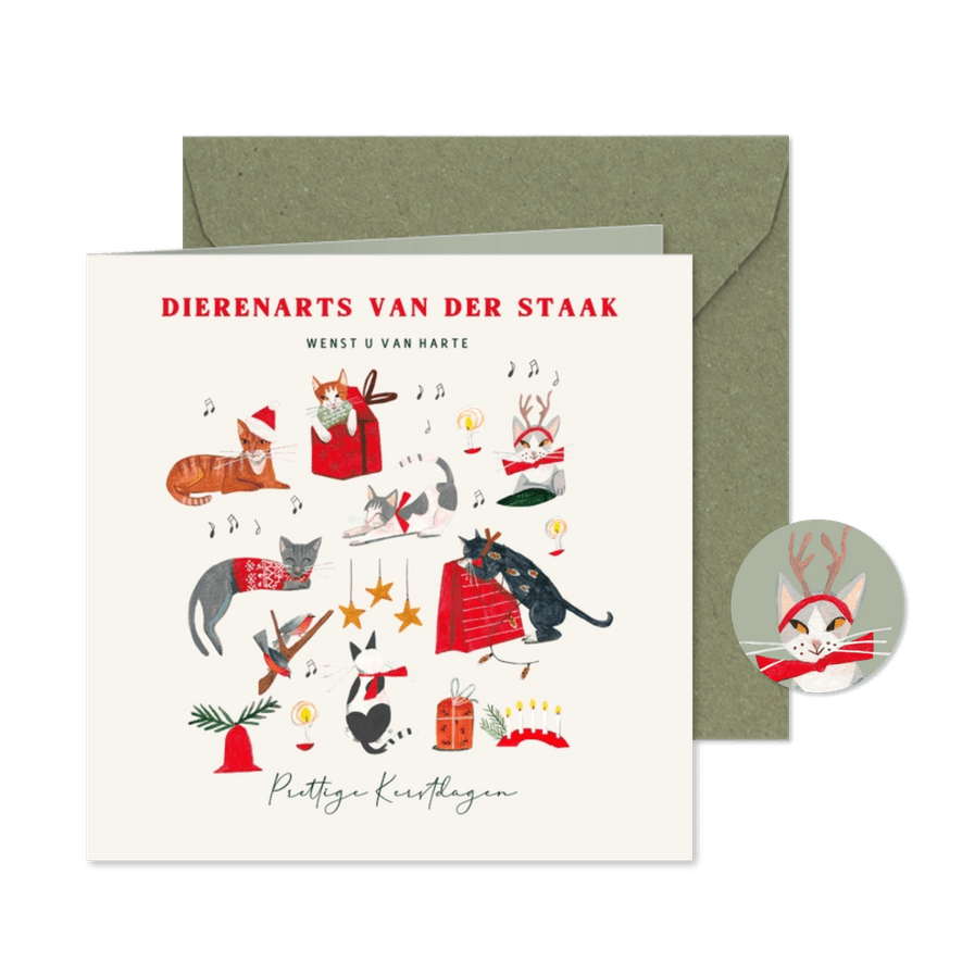 Zakelijke kerstkaart met poezen en kerst decoratie - Kaartimpressie