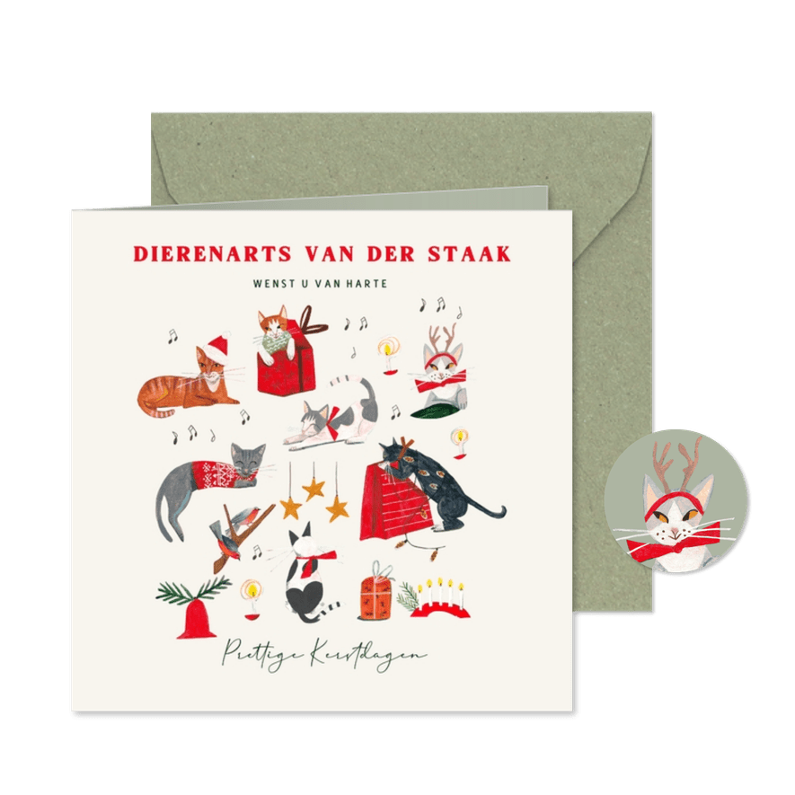 Zakelijke kerstkaart met poezen en kerst decoratie - Kaartimpressie