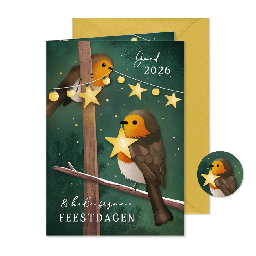 Zakelijke kerstkaart met roodborstjes en lampjes - Kaartimpressie