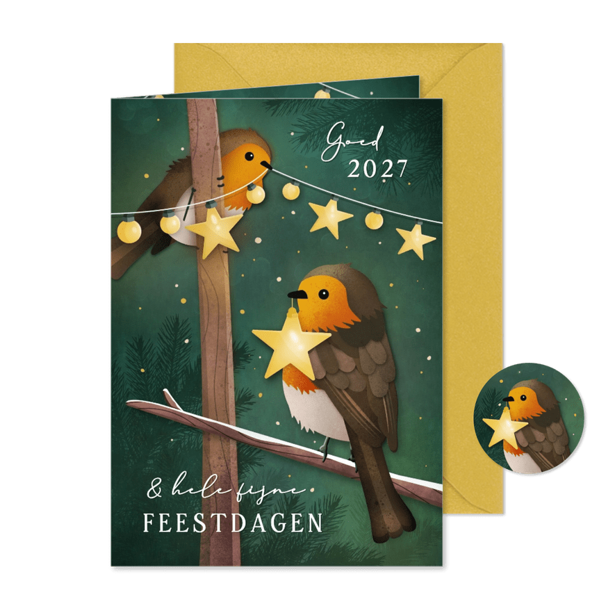 Zakelijke kerstkaart met roodborstjes en lampjes - Kaartimpressie