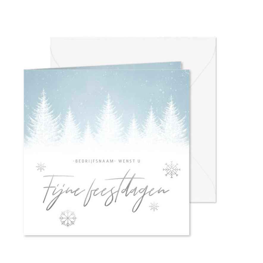 Zakelijke kerstkaart met sneeuw, bomen en 'Fijne feestdagen' - Kaartimpressie