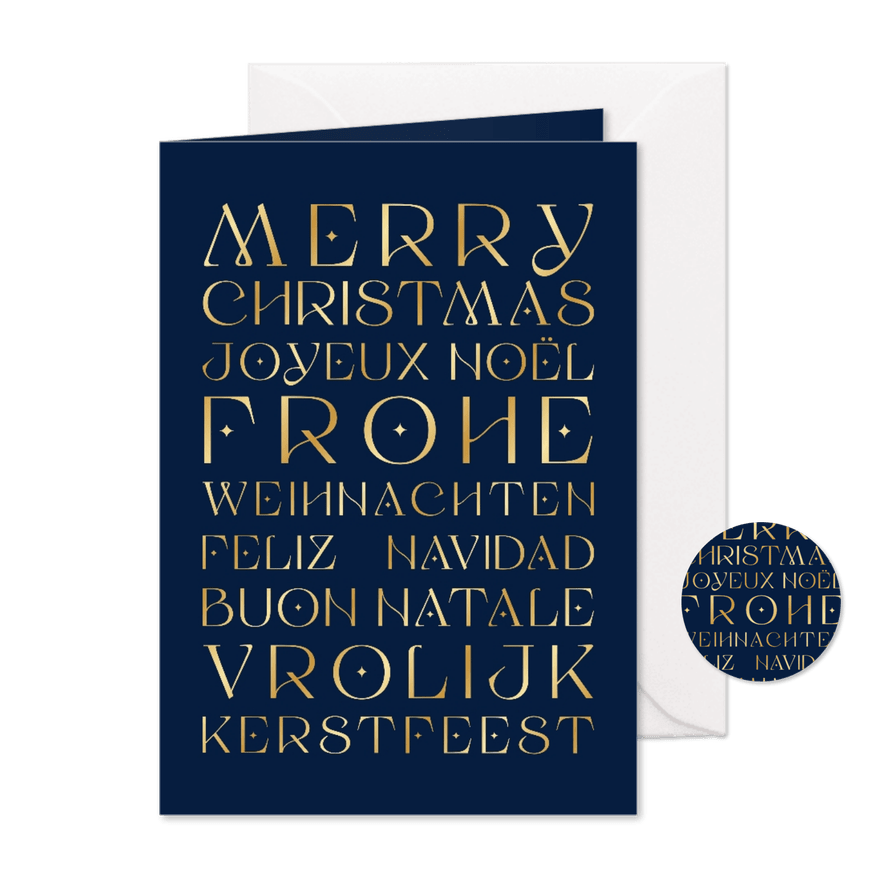 Zakelijke kerstkaart met verschillende talen blauw en goud - Kaartimpressie