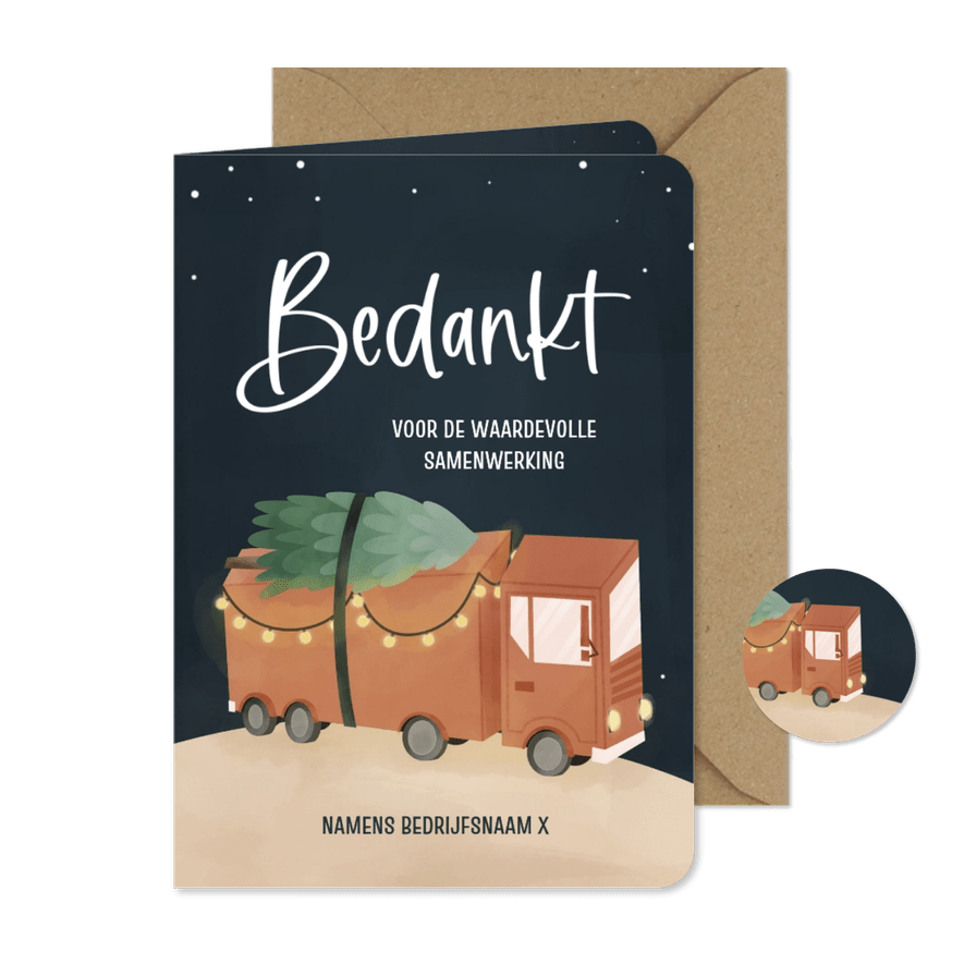 Zakelijke kerstkaart met vrachtwagen en lichtjes in donker - Kaartimpressie