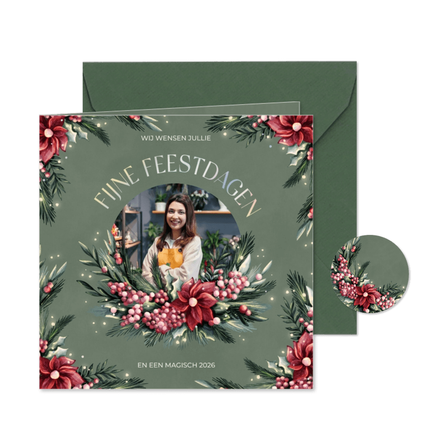 Zakelijke kerstkaart met waterverf krans bloemen en besjes - Kaartimpressie