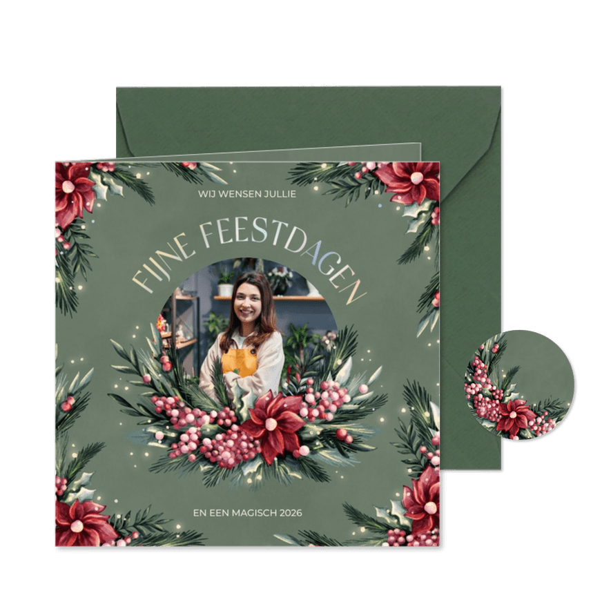 Zakelijke kerstkaart met waterverf krans bloemen en besjes - Kaartimpressie