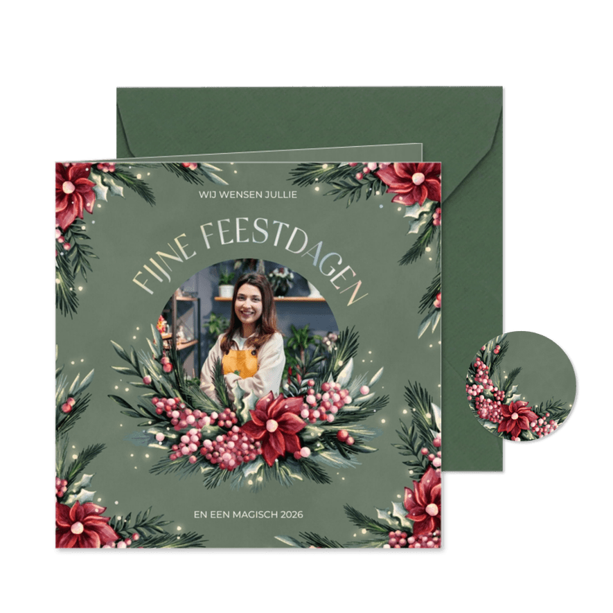 Zakelijke kerstkaart met waterverf krans bloemen en besjes - Kaartimpressie
