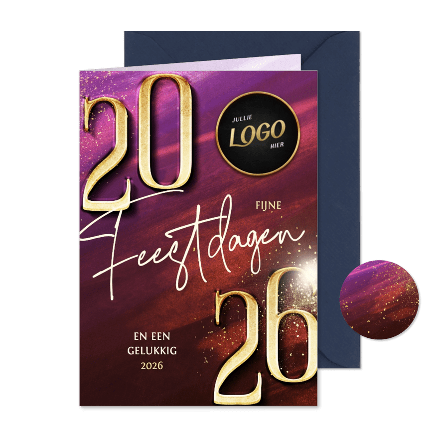 Zakelijke kerstkaart modern met gouden 2026 en logo - Kaartimpressie