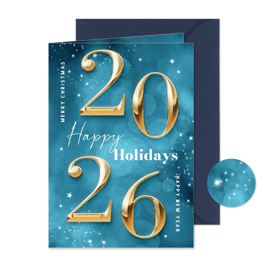 Zakelijke kerstkaart nieuwjaar 2026 goud blauw sprankelend - Kaartimpressie