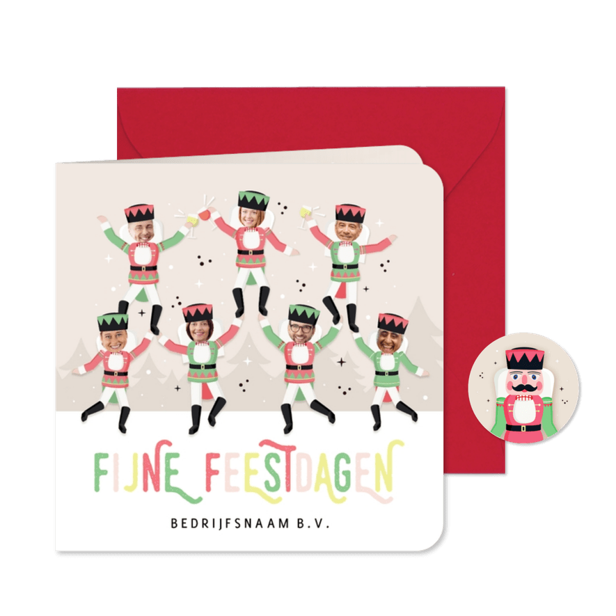 Zakelijke kerstkaart notenkraker met fotohoofdjes 4-7 pers - Kaartimpressie