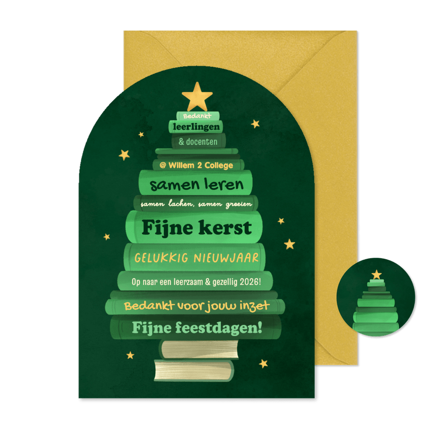 Zakelijke kerstkaart onderwijs boeken kerstboom sterren - Kaartimpressie