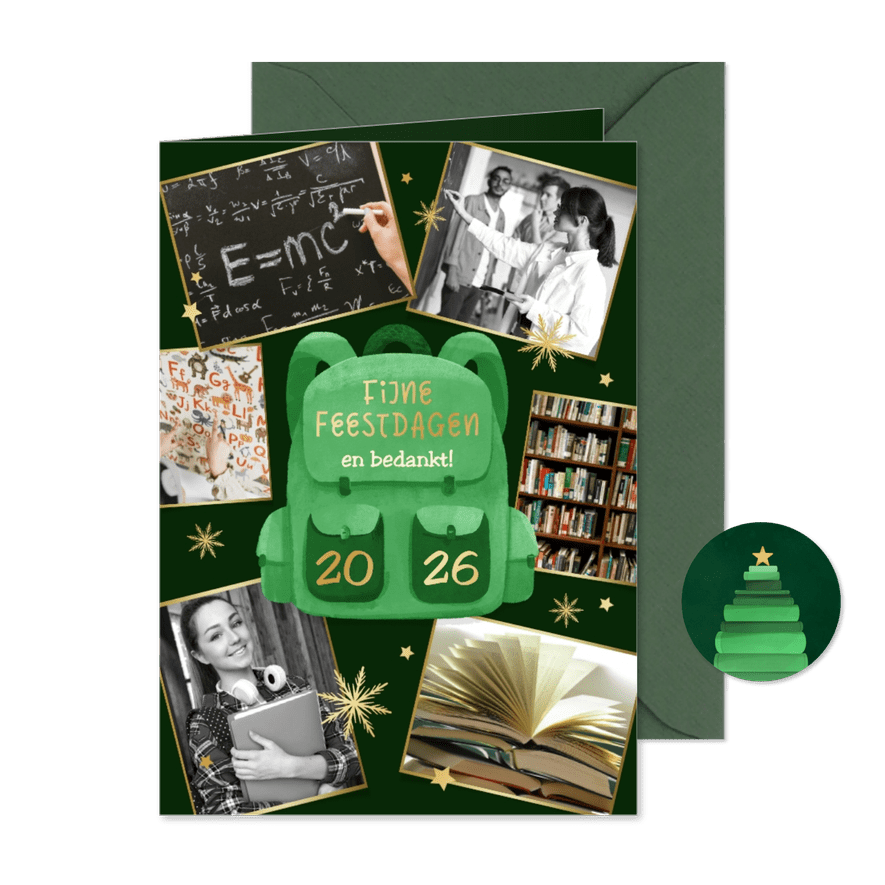 Zakelijke kerstkaart onderwijs rugzak fotocollage sterren - Kaartimpressie