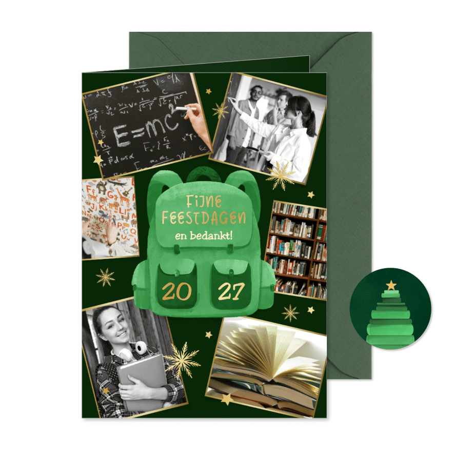Zakelijke kerstkaart onderwijs rugzak fotocollage sterren - Kaartimpressie
