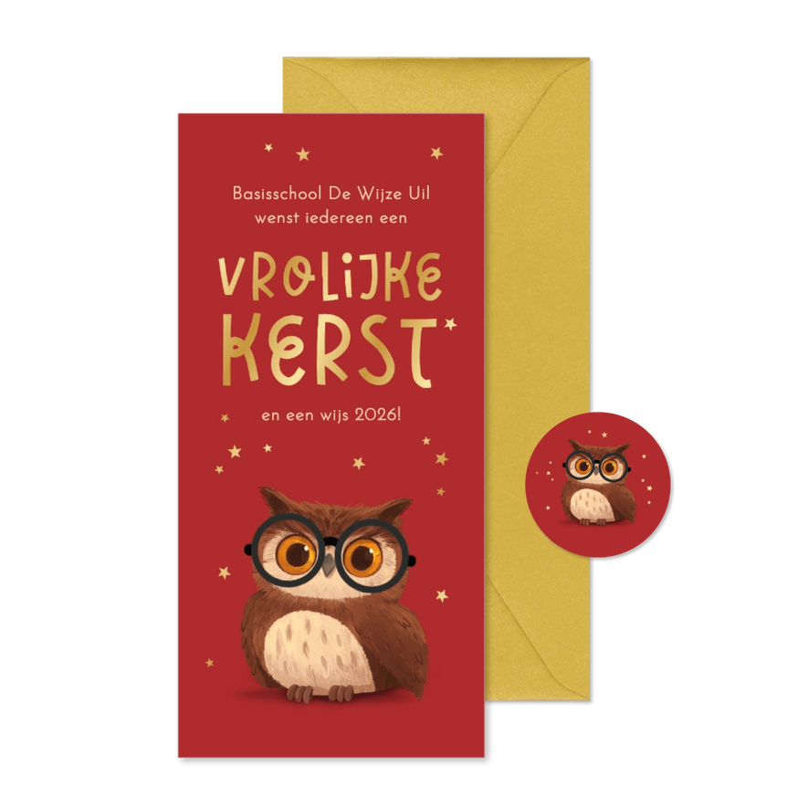 Zakelijke kerstkaart onderwijs uil sterren goud basisschool - Kaartimpressie