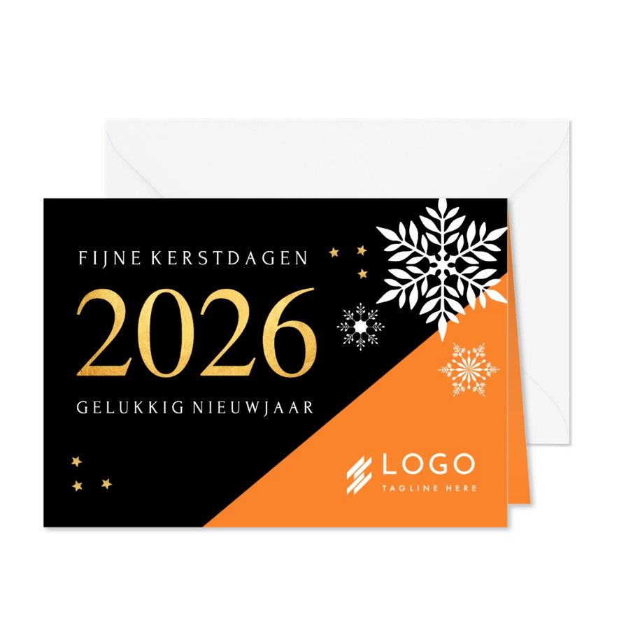 Zakelijke kerstkaart oranje zwart geometrisch 2026 goudlook - Kaartimpressie