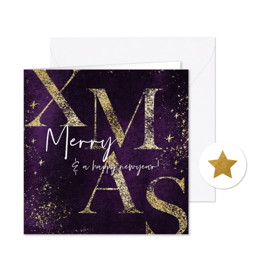 Zakelijke kerstkaart paars 'Merry Xmas' goudlook sterren - Kaartimpressie