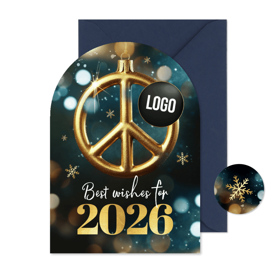 Zakelijke kerstkaart peace vrede kerstbal logo sneeuw 2026 - Kaartimpressie
