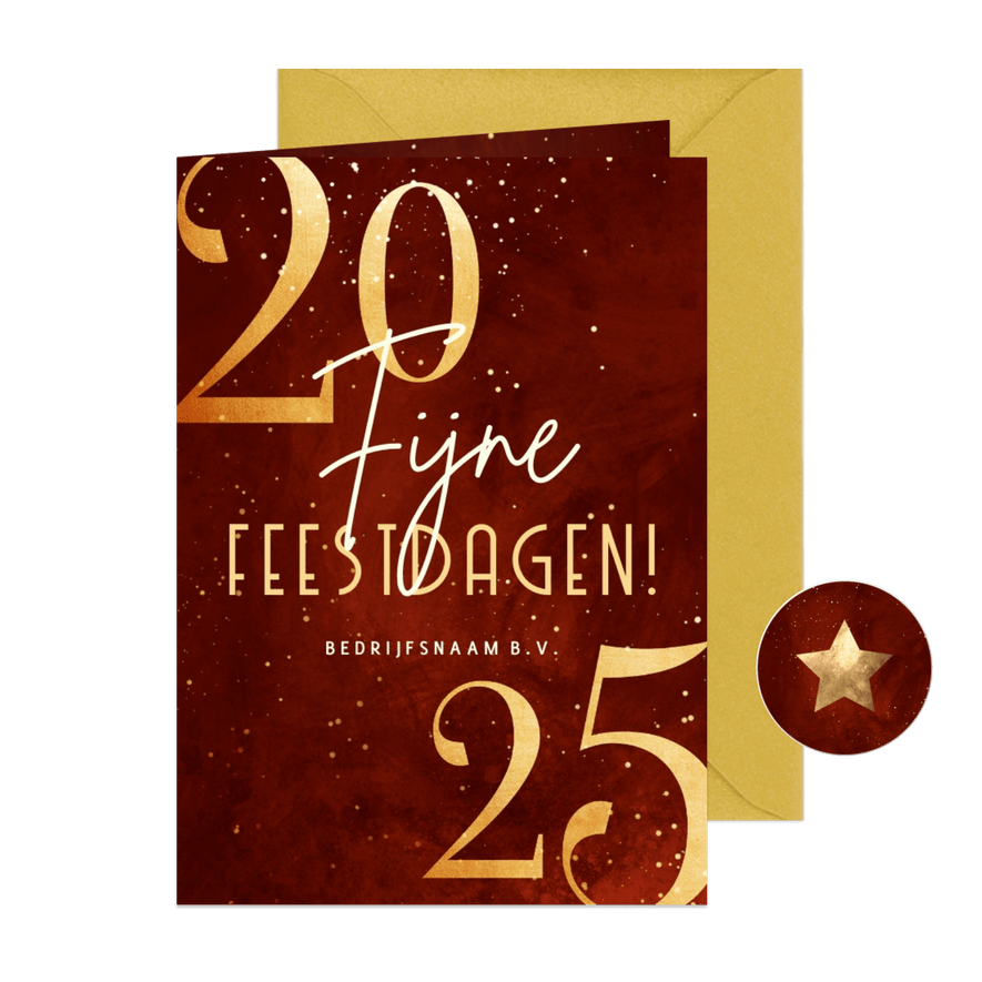 Zakelijke kerstkaart rood 2025 goudlook met sparkles - Kaartimpressie