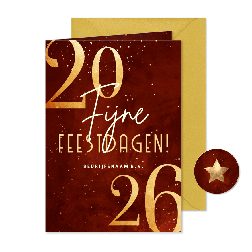 Zakelijke kerstkaart rood 2026 goudlook met sparkles - Kaartimpressie