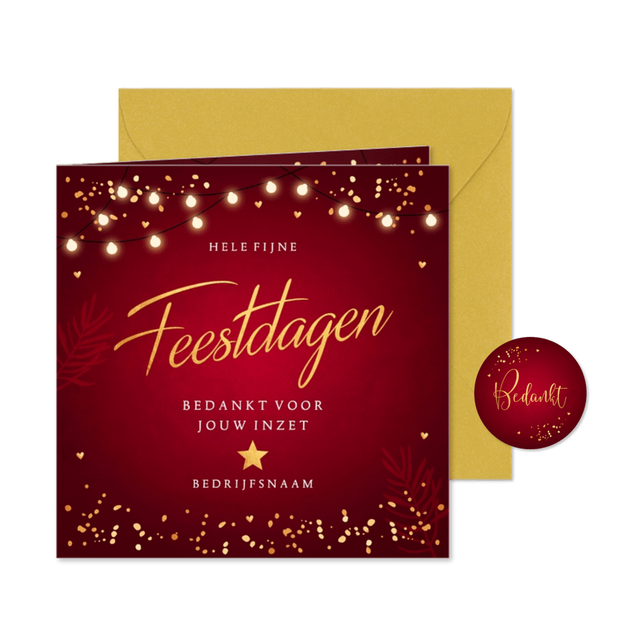 Zakelijke kerstkaart rood Fijne Feestdagen goudlook lampjes - Kaartimpressie
