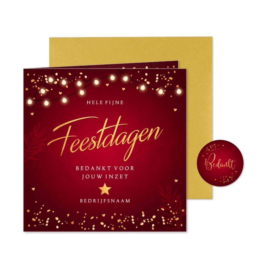 Zakelijke kerstkaart rood Fijne Feestdagen goudlook lampjes - Kaartimpressie
