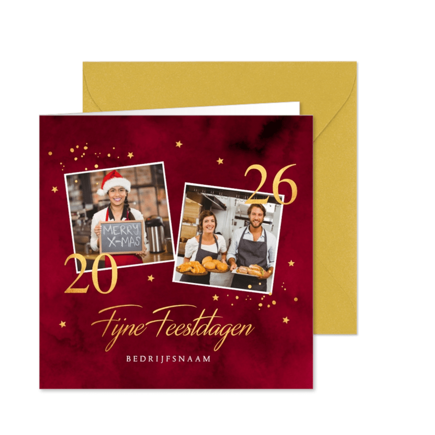 Zakelijke kerstkaart rood foto sterren goudlook 2026 - Kaartimpressie