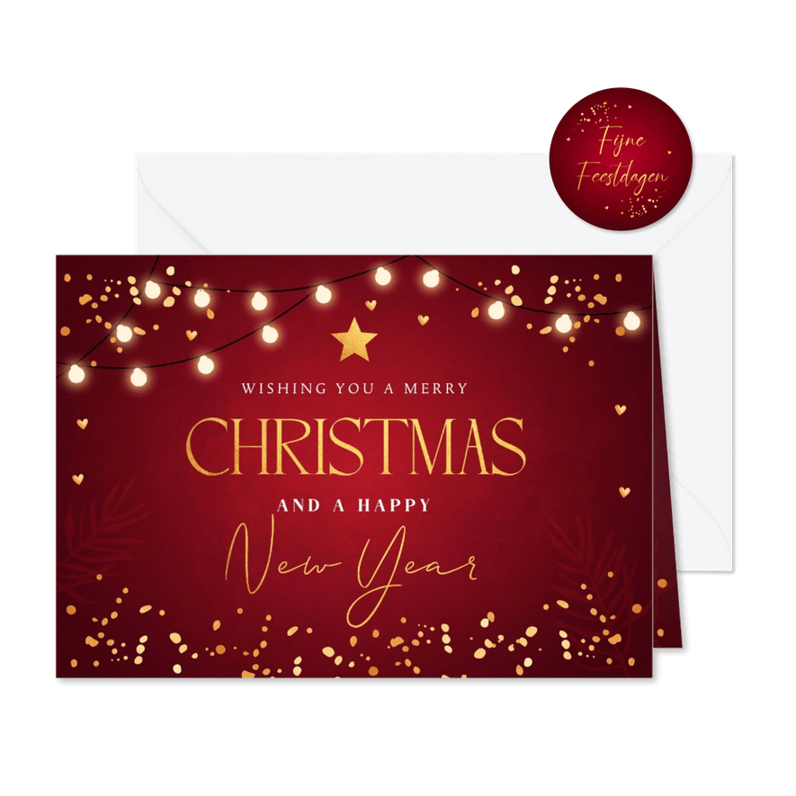 Zakelijke kerstkaart rood lampjes confetti goudlook - Kaartimpressie