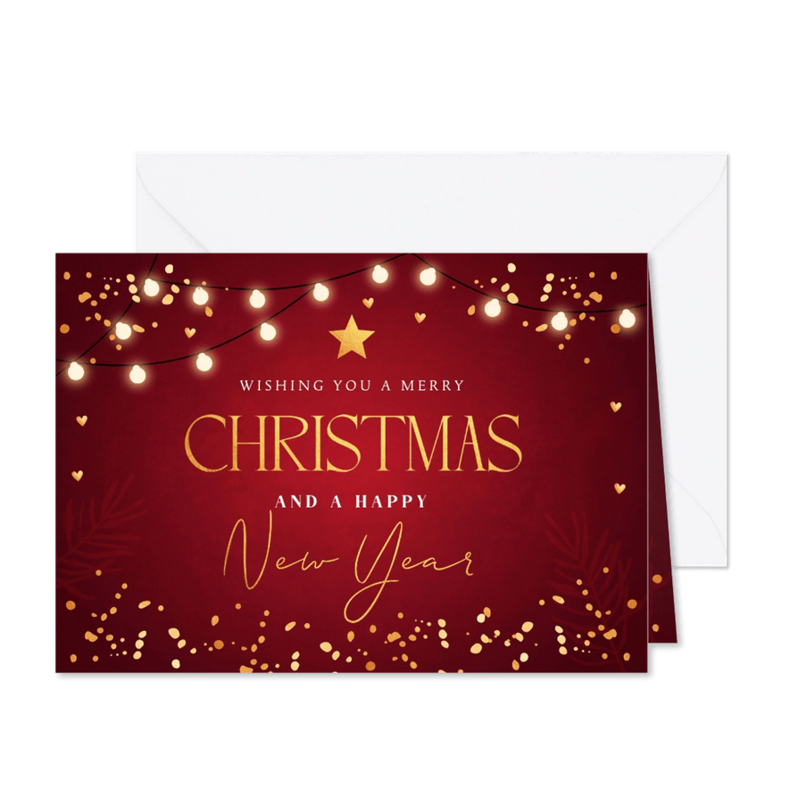 Zakelijke kerstkaart rood lampjes confetti goudlook - Kaartimpressie