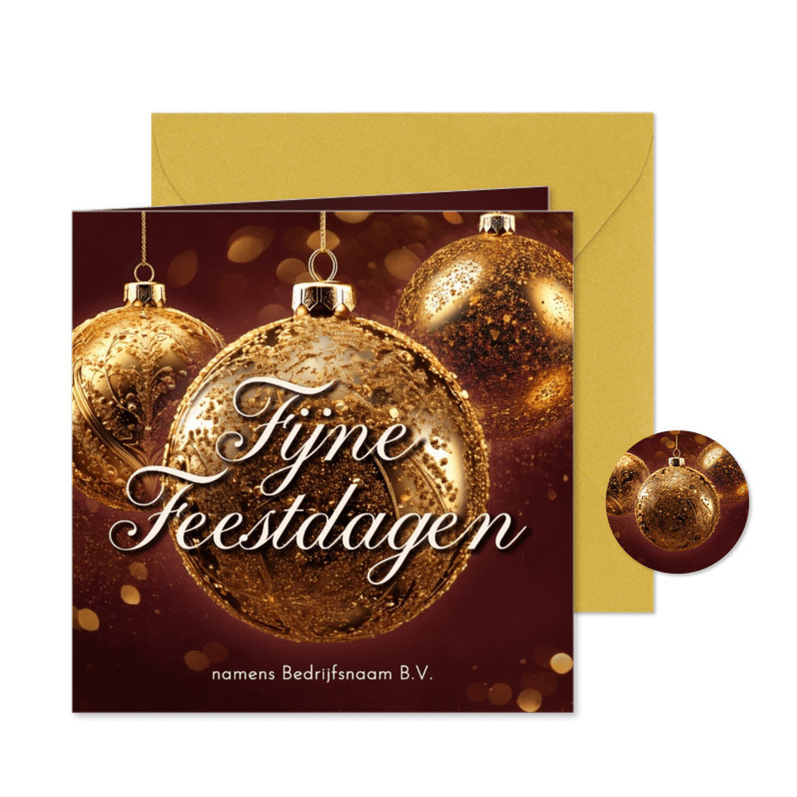 Zakelijke kerstkaart rood met gouden kerstballen klassiek - Kaartimpressie