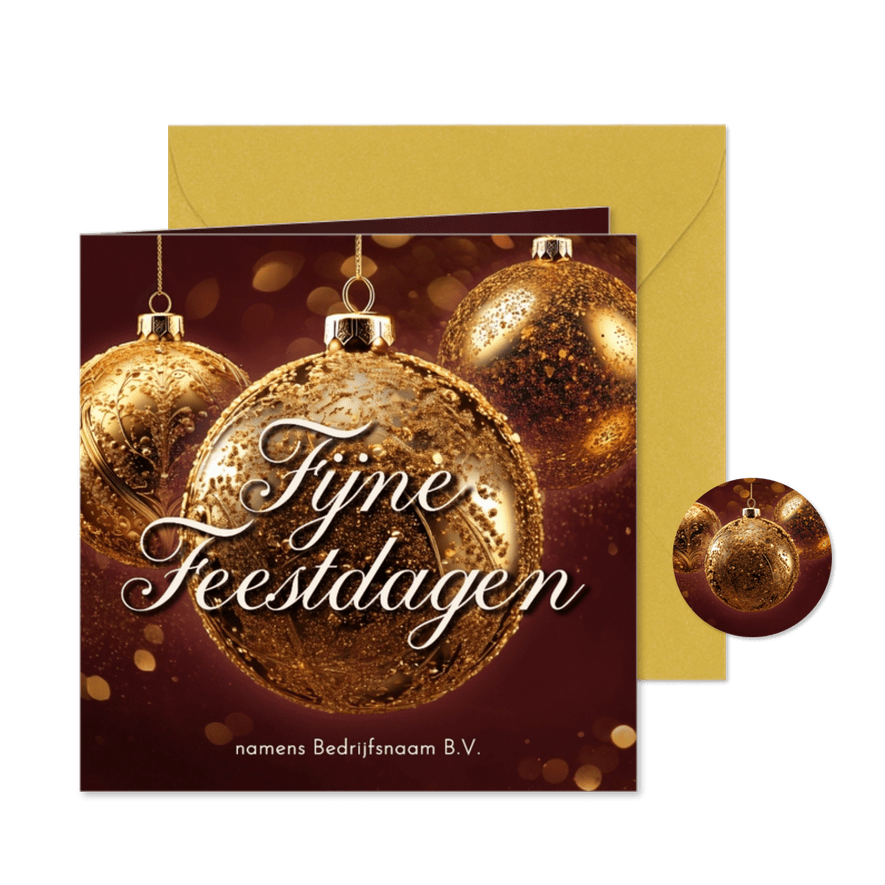 Zakelijke kerstkaart rood met gouden kerstballen klassiek - Kaartimpressie